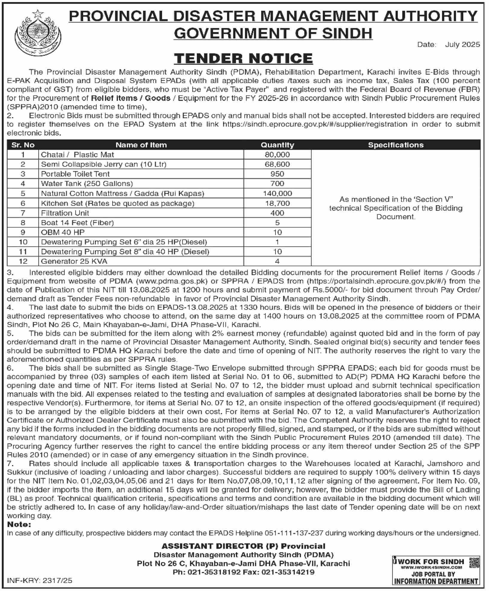 Provincial Disaster Management Authority Karachi Tender Notice